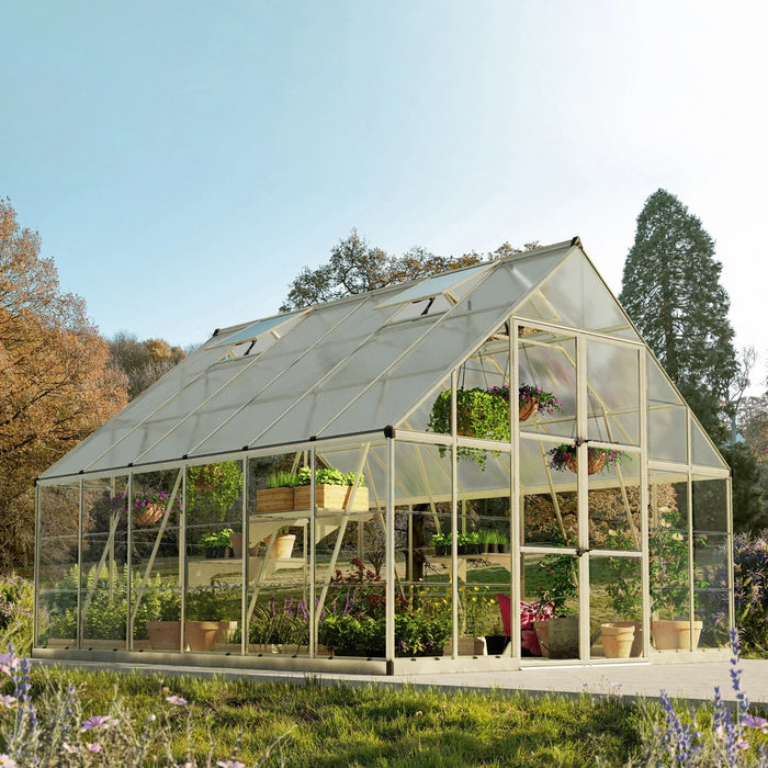 10×12 Balance greenhouse installed outdoors in a backyard garden