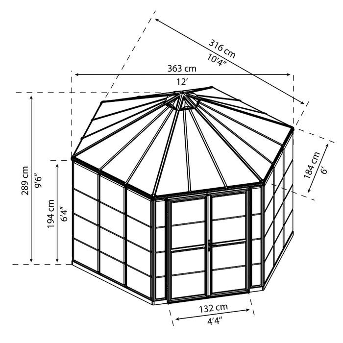 Technical diagram showing dimensions of the 12 ft Oasis hex greenhouse with height and width measurements