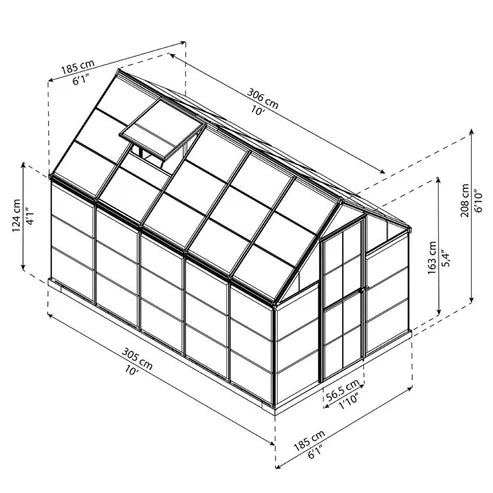 6x10 Harmony greenhouse dimensions diagram showing measurements and roof vent