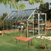 Front view of 6x10 polycarbonate greenhouse with hinged door and aluminium frame