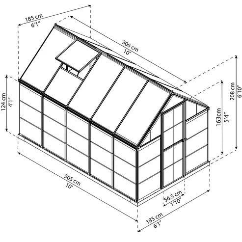 technical diagram showing dimensions and layout of the 6x10 hybrid greenhouse