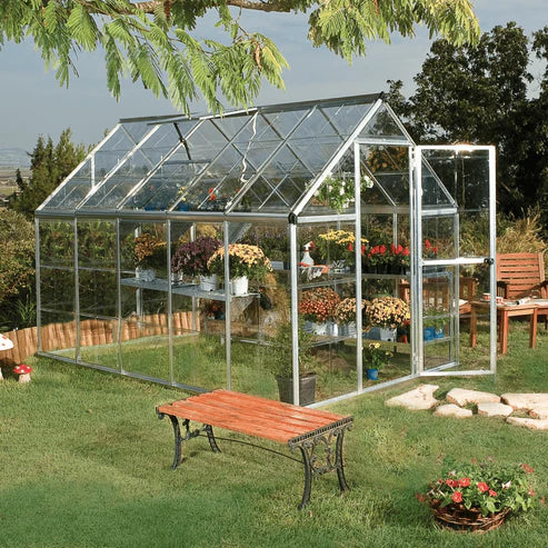 6x10 hybrid greenhouse with hinged door open, showing access and internal growing space