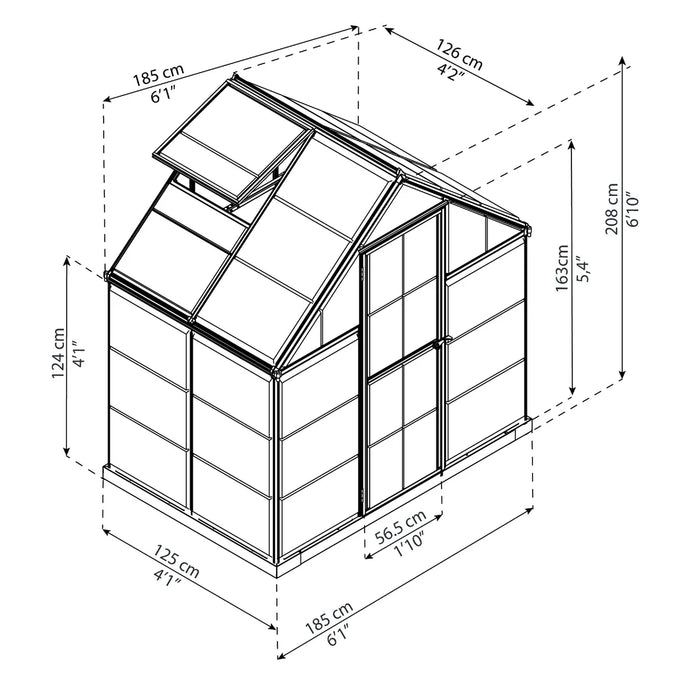 6x4 Harmony greenhouse dimensions diagram showing measurements and roof vent