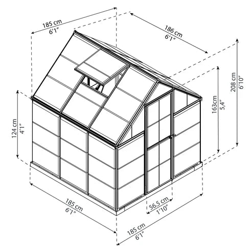 6x6 Harmony greenhouse dimensions diagram showing measurements and roof vent