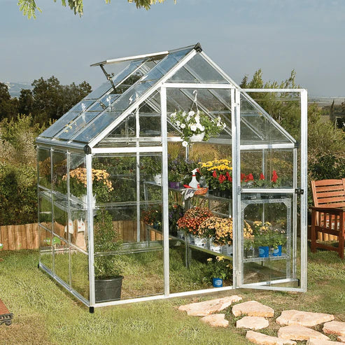 6x6 polycarbonate greenhouse showing roof vent and aluminium frame