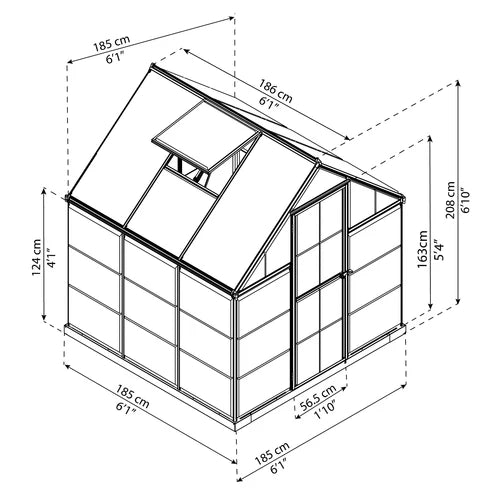 6x6 hybrid greenhouse technical drawing showing overall dimensions and roof vent placement