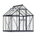 6x6 hybrid greenhouse with powder-coated aluminium frame and clear polycarbonate panels on white background