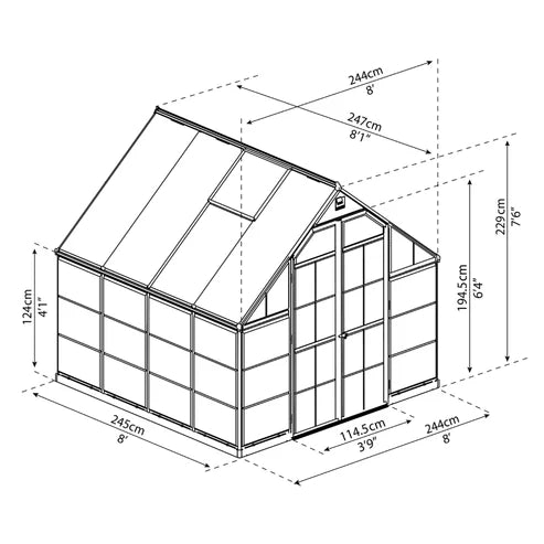 8×8 Balance greenhouse dimensions diagram showing width, depth, and height