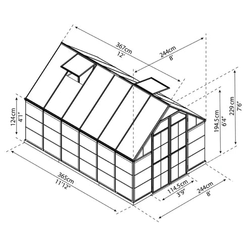 Technical drawing showing dimensions and layout of the 8 x 12 Balance greenhouse