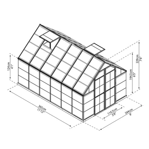 Technical drawing showing dimensions and layout of the 8 x 12 ft Octave greenhouse