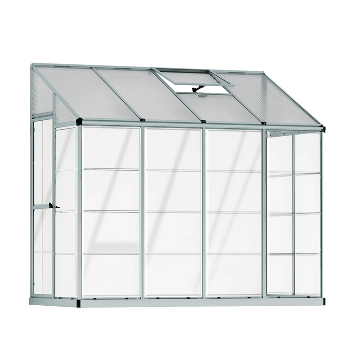 8 x 4 ft lean-to greenhouse with aluminium frame and polycarbonate panels, designed to fit against an exterior wall
