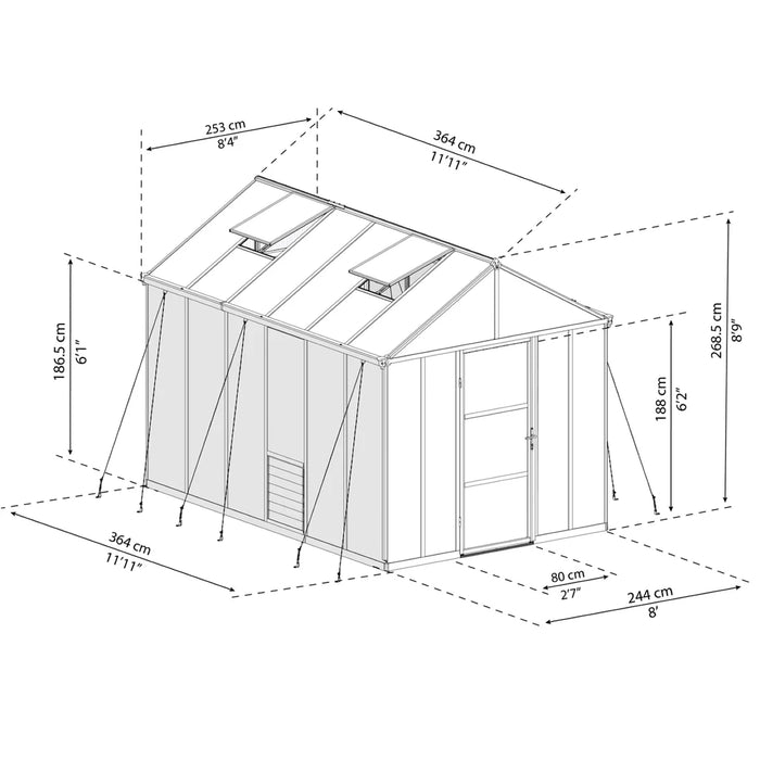 8x12 Glory greenhouse dimensions diagram showing measurements