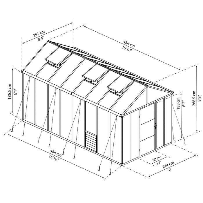 8x16 Glory greenhouse dimensions diagram showing measurements