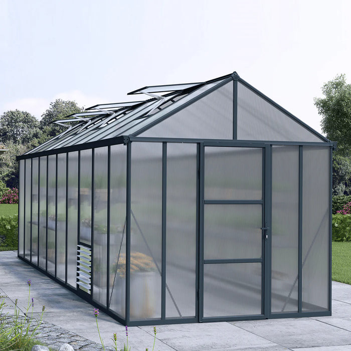 8x20 Glory greenhouse installed outdoors with grey frame and clear panels