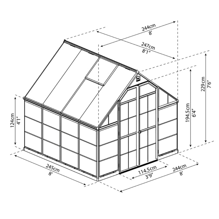 8x8 Balance greenhouse dimensions and measurements diagram