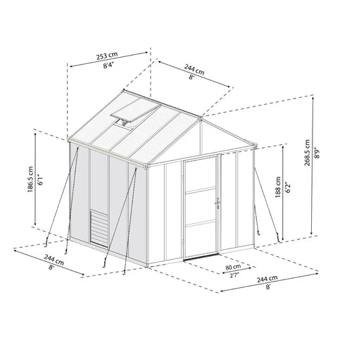 8x8 Glory greenhouse technical drawing showing assembled dimensions
