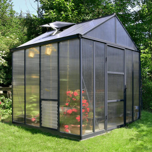 8x8 Glory walk-in greenhouse installed on lawn with grey aluminium frame