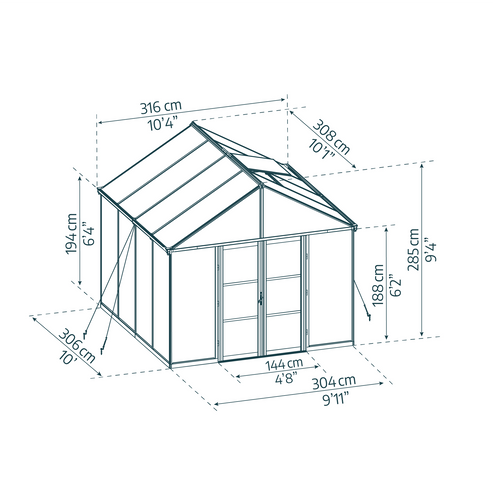 Technical drawing showing dimensions of Aria 10 x 10 ft greenhouse
