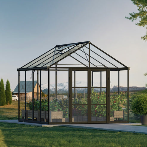Exterior view of Aria 10 x 10 ft aluminium greenhouse in a backyard setting