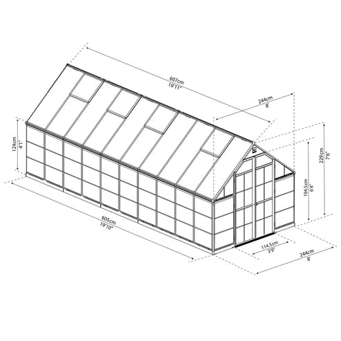 Balance 8 x 20 greenhouse dimensions diagram showing width, depth, and height