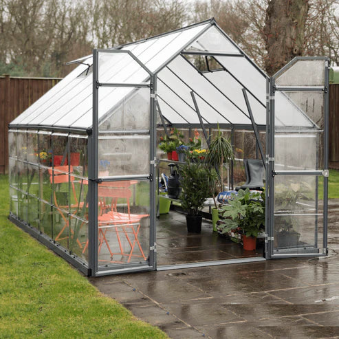 Balance 8 x 12 greenhouse showing wide double doors and interior growing space