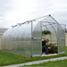 Bella 8x16 bell greenhouse installed on lawn showing curved roof and double doors