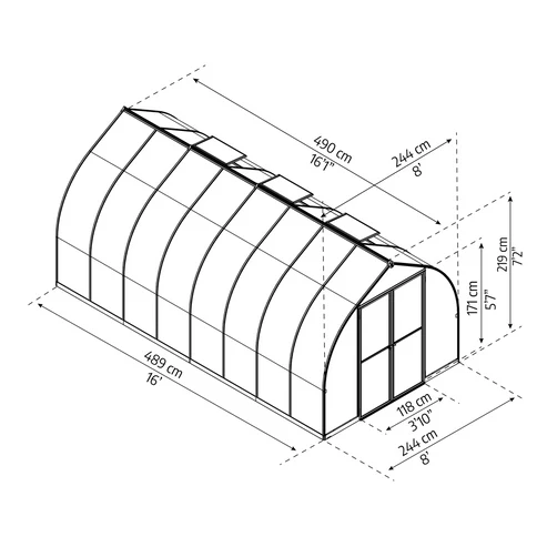 Bella 8x16 greenhouse dimensions diagram showing length, width, and height measurements