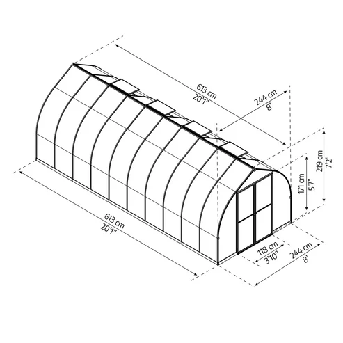 Bella 8x20 greenhouse dimensions diagram showing length, width, and height measurements