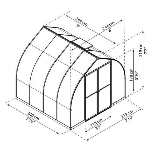 Bella 8x8 bell greenhouse technical drawing showing dimensions and layout