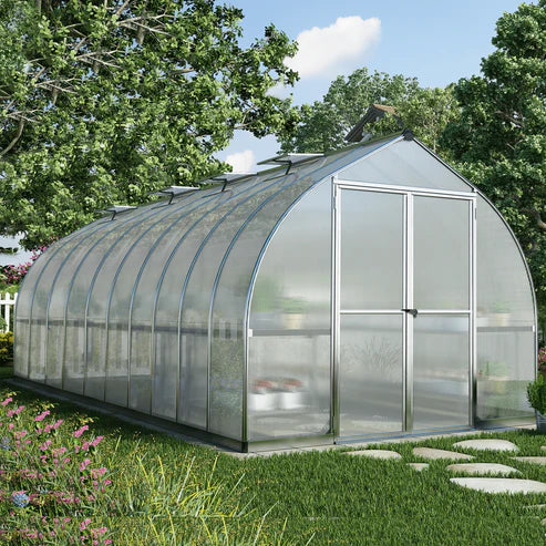 Bell-shaped Bella greenhouse with curved polycarbonate roof and double doors