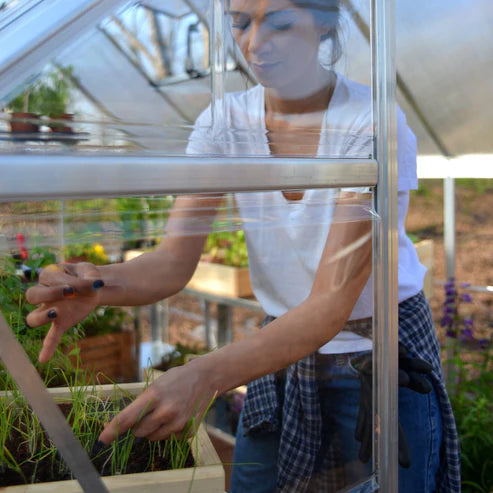 close-up of polycarbonate wall panels on 6 x 14 hybrid greenhouse