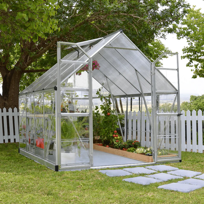 Interior of 8x8 Balance greenhouse showing hanging plants and growing space