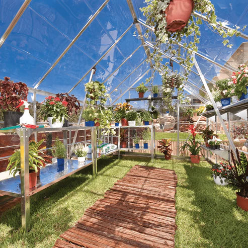 Interior of the 8 x 12 ft Octave greenhouse showing wide walkway and growing benches