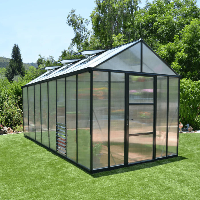 8x16 Glory greenhouse installed outdoors with grey frame and clear panels