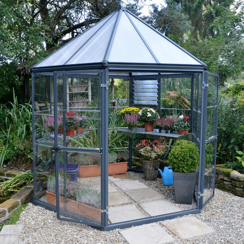 8 ft Oasis hex greenhouse showing wide double hinged doors for easy access
