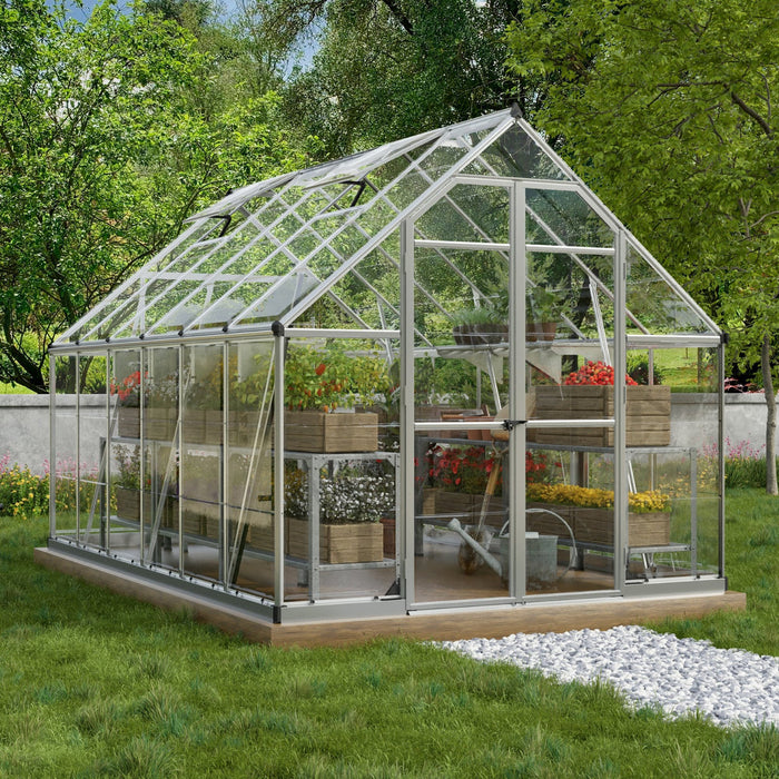 Octave 8 x 12 ft greenhouse installed on a gravel base with clear panels and aluminium frame
