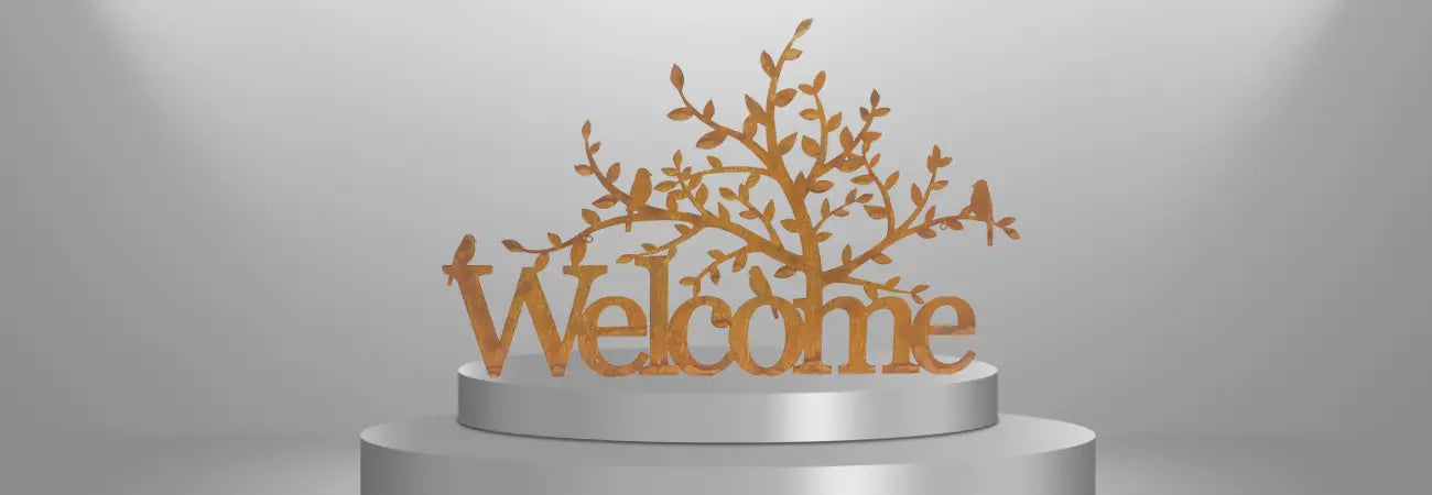 Rust Lasercut Welcome Tree Wallart 90x0.7x55cm