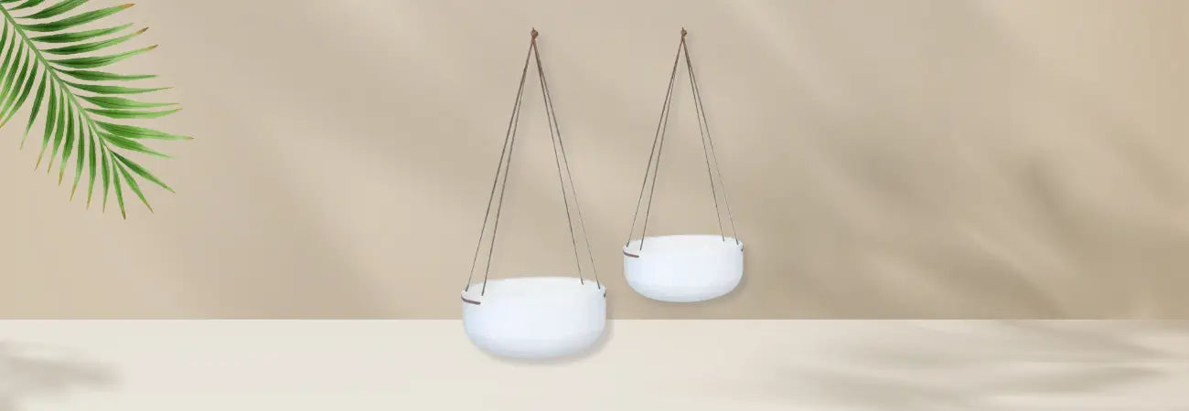 Set/2 Nested Contemporary Hanging White w/Tan Strap Planters