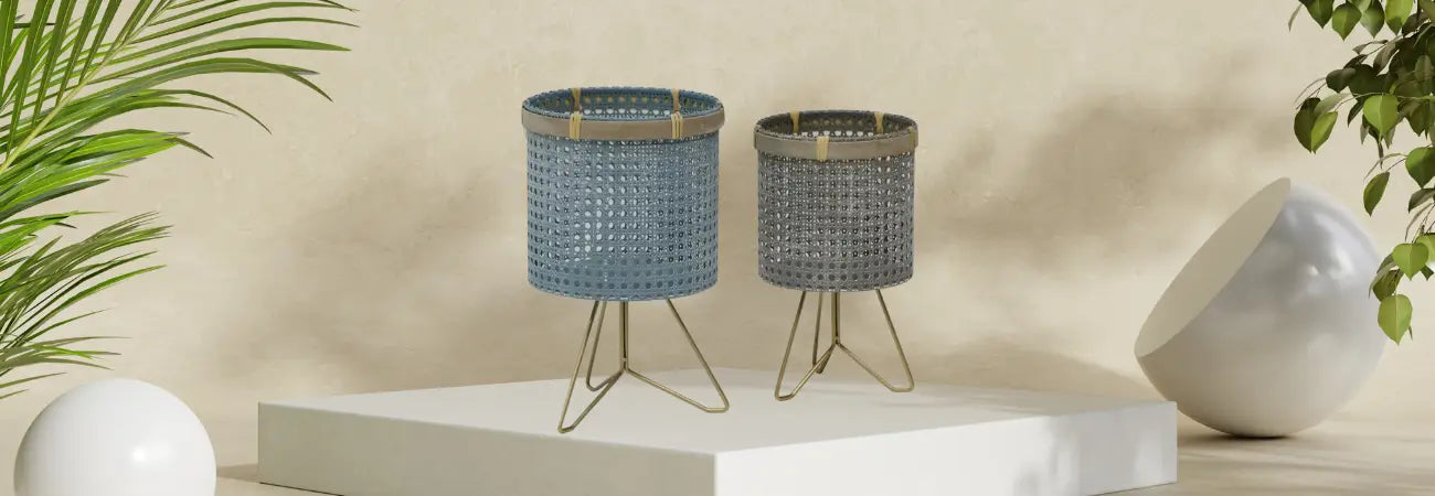 Set of 2 Rattan Footed Plant Stands