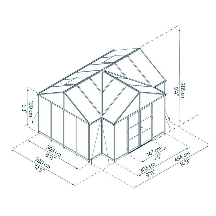 Technical drawing showing dimensions of the Triomphe 15 x 12.5 ft garden chalet greenhouse