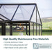 Close-up of Triomphe greenhouse roof and frame highlighting durable materials and warranty