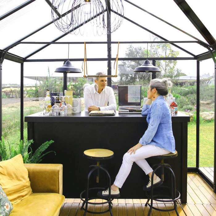Interior view of Triomphe greenhouse showing clear wall panels and strong frame