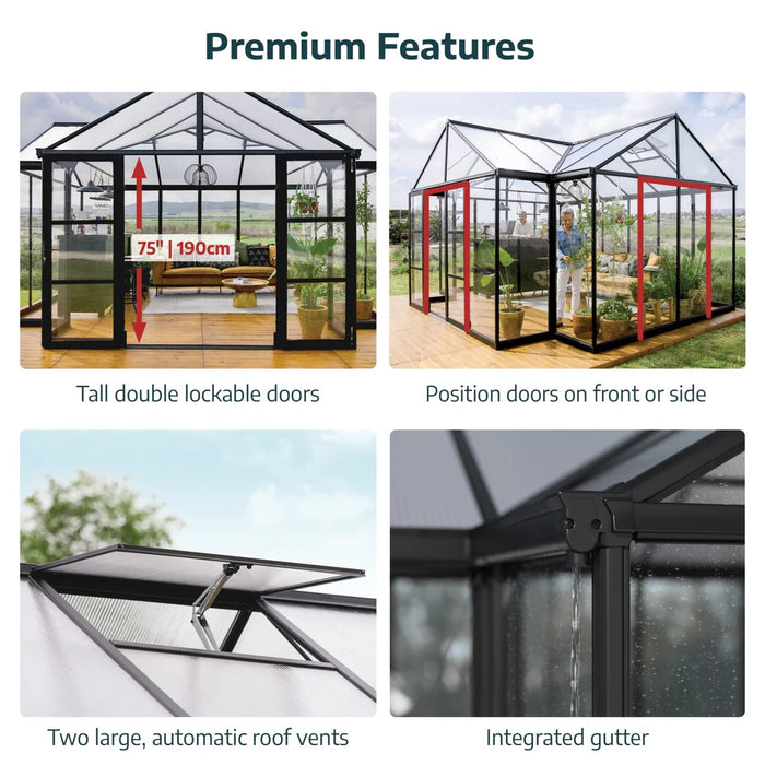 Triomphe greenhouse features including double doors, roof vents, and integrated gutters