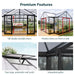 Triomphe greenhouse features including double doors, roof vents, and integrated gutters