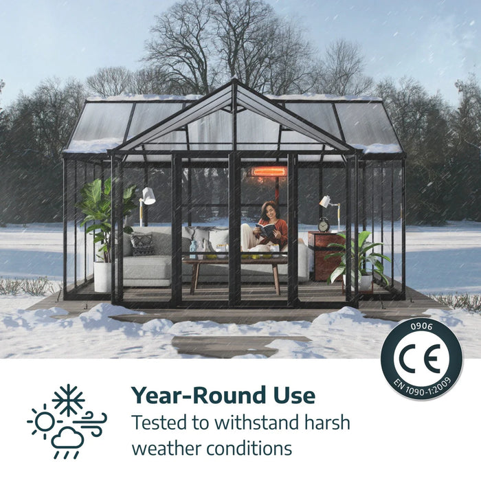 Triomphe garden chalet greenhouse used year-round in cold weather conditions