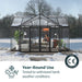 Triomphe garden chalet greenhouse used year-round in cold weather conditions