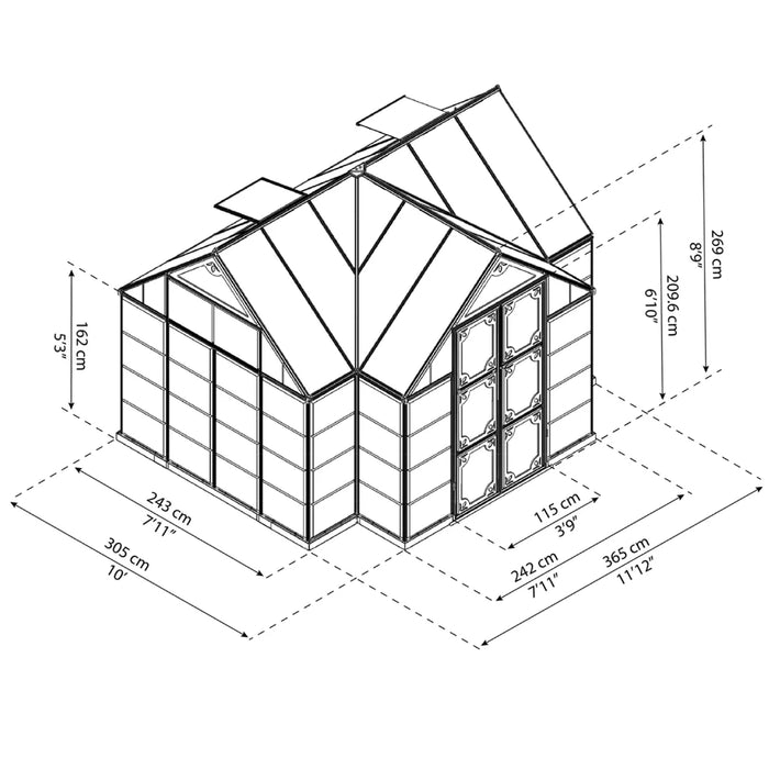 Victory 12 x 10 ft greenhouse dimensions and layout diagram