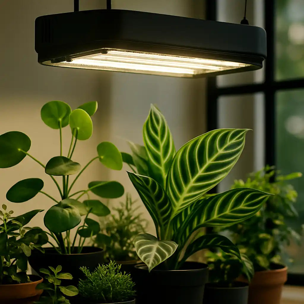 A black rectangular LED grow light illuminating several potted houseplants.