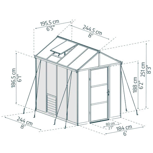 Glory 6x8 greenhouse dimensions diagram with measurements and layout