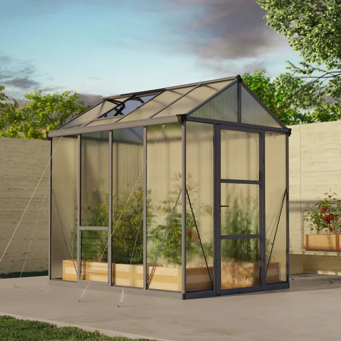 Glory 6x8 greenhouse installed in a compact outdoor space with paved ground